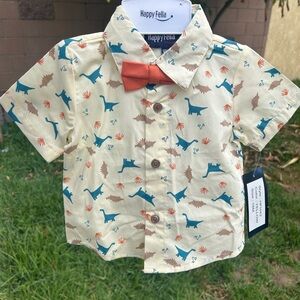 Happy Fella Cream Dinosaur Print Button-Down Shirt with Orange Bow